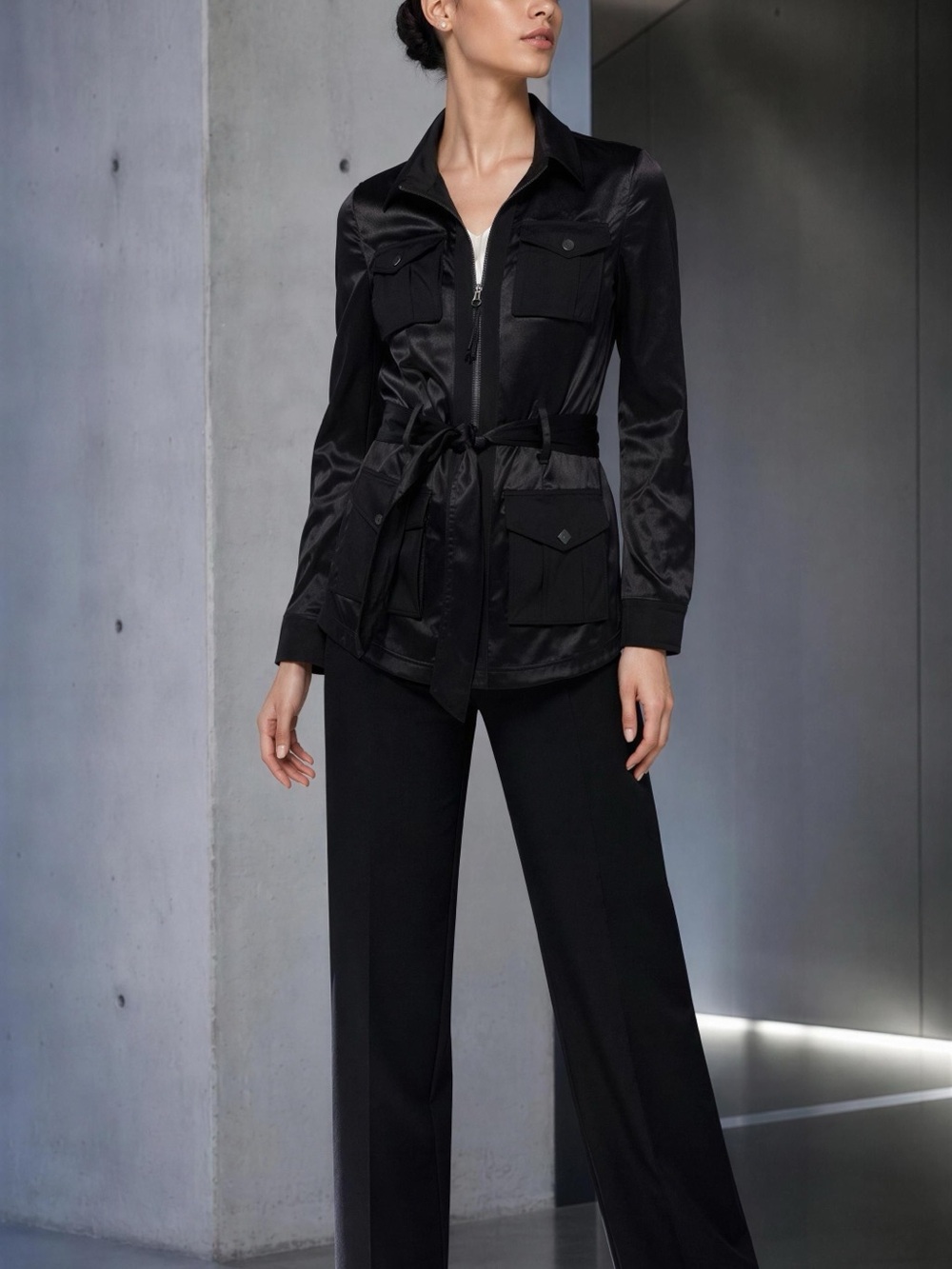 White House Black Market Black Satin Utility Jacket with Tie Belt